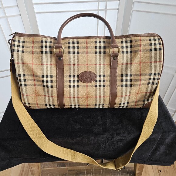 Burberrys Vintage Haystack Boston Brown PVC Travel Bag - EUC - Picture 1 of 16